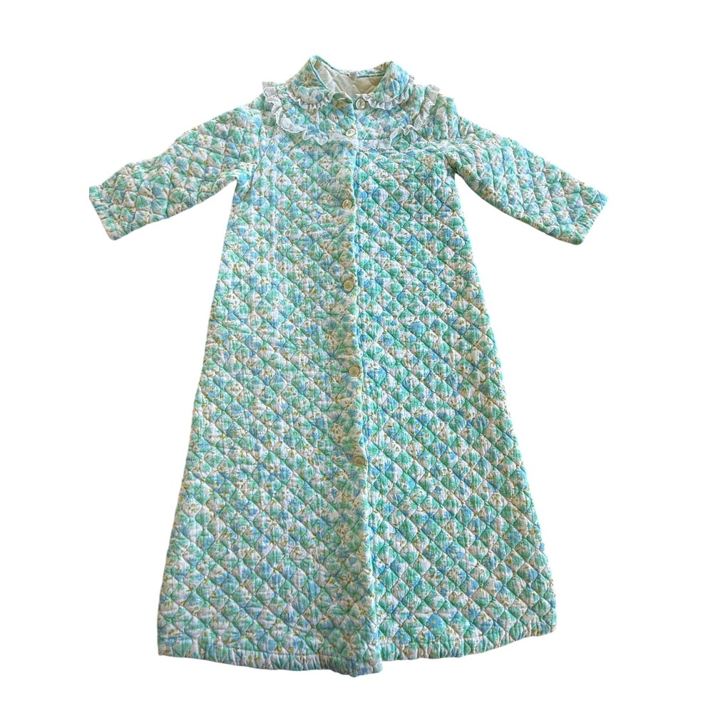 Vintage Schrank Floral Quilted Robe Blue Green Daisy Lace Button Front Small